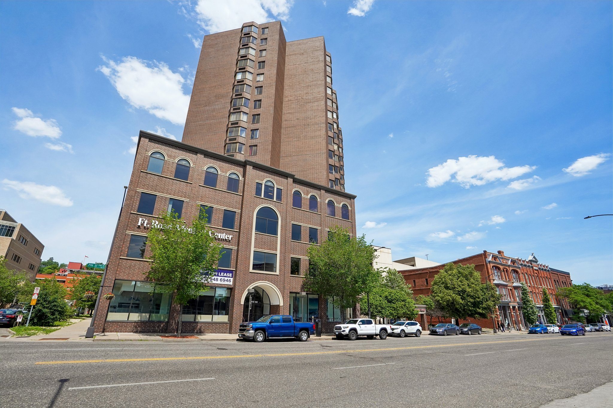 Street view of Irvine Park Towers high-rise apartment building in St. Paul